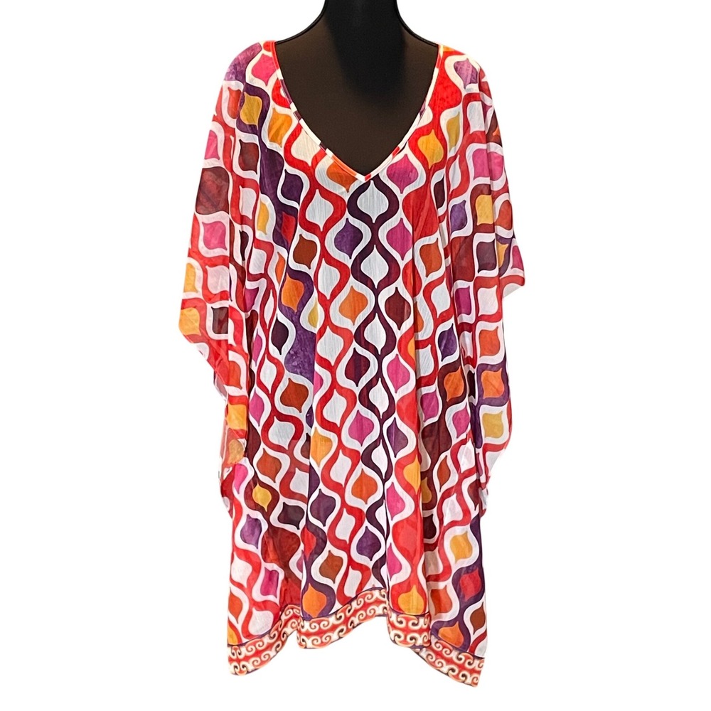 Trina Turk Womens Geometric Ogee Print V-Neck Kaftan Beach Cover Up Red Orange